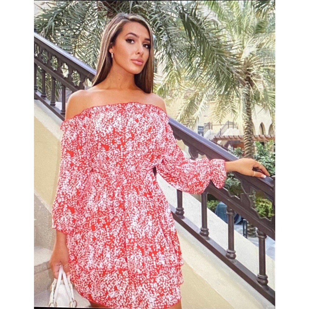 Parisian Red Floral Layered Bardot Mini Dress